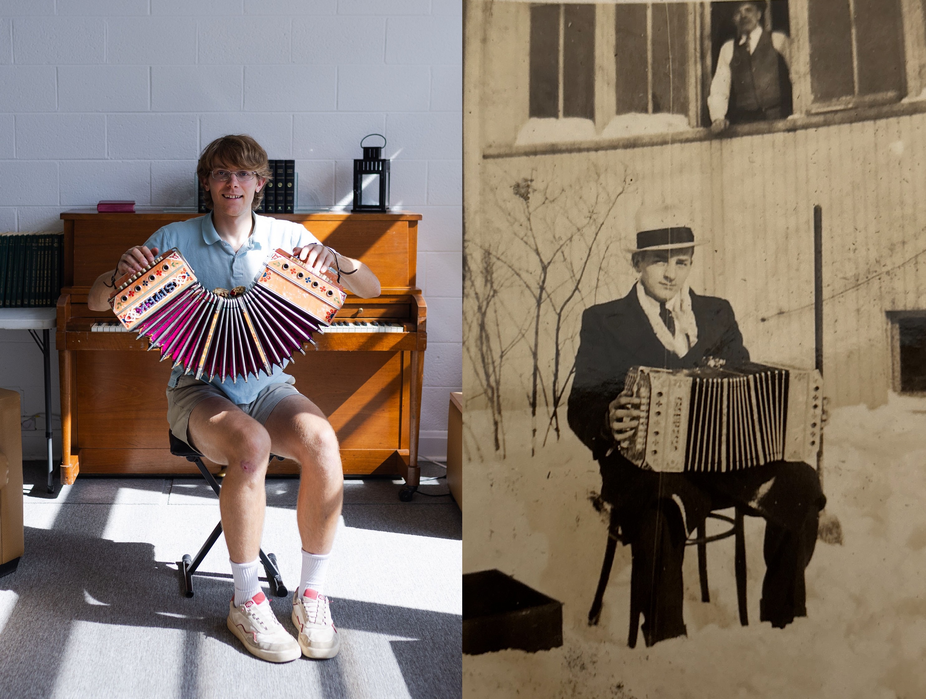 Two photos of young men each holding the same Chemnitzer, the right photo in black in white.